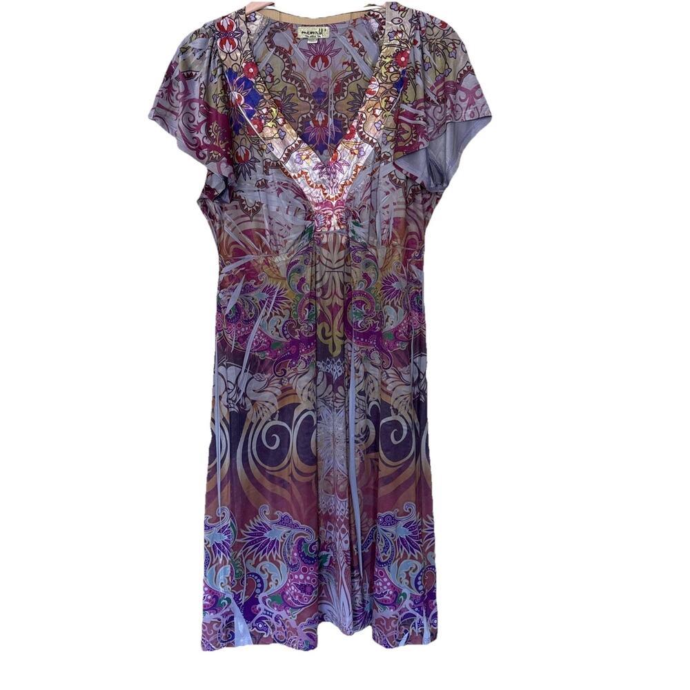 One World Babydoll Dress Size S Floral Flutter Short Sleeve Satin Neck